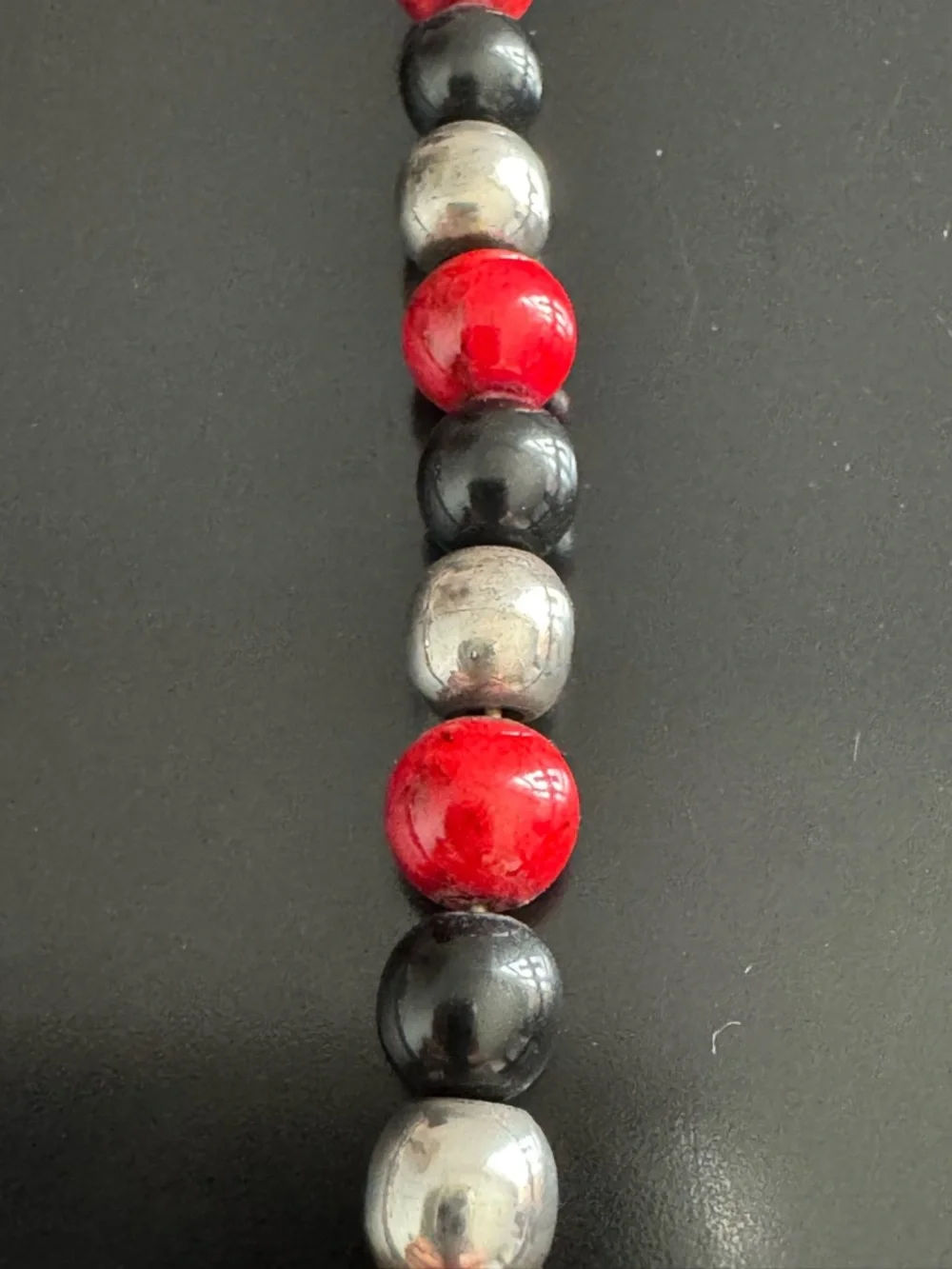 Sterling Silver Red & Black Glass Bead Bracelet Toggle Clasp - 7.5” - Unisex